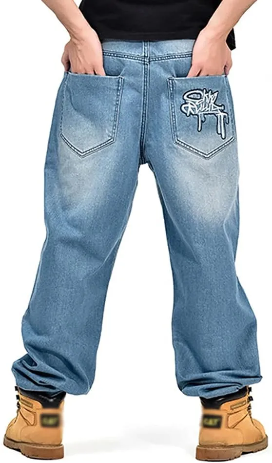 Men's Baggy Jeans Vintage 90's Hip Hop Style Denim Embroidery Loose Fit Dance Skateboard Pants