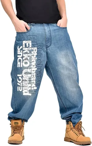 Men's Baggy Jeans Vintage 90's Hip Hop Style Denim Embroidery Loose Fit Dance Skateboard Pants