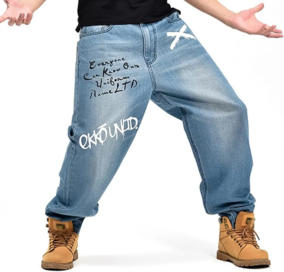 Men's Baggy Jeans Vintage 90's Hip Hop Style Denim Embroidery Loose Fit Dance Skateboard Pants