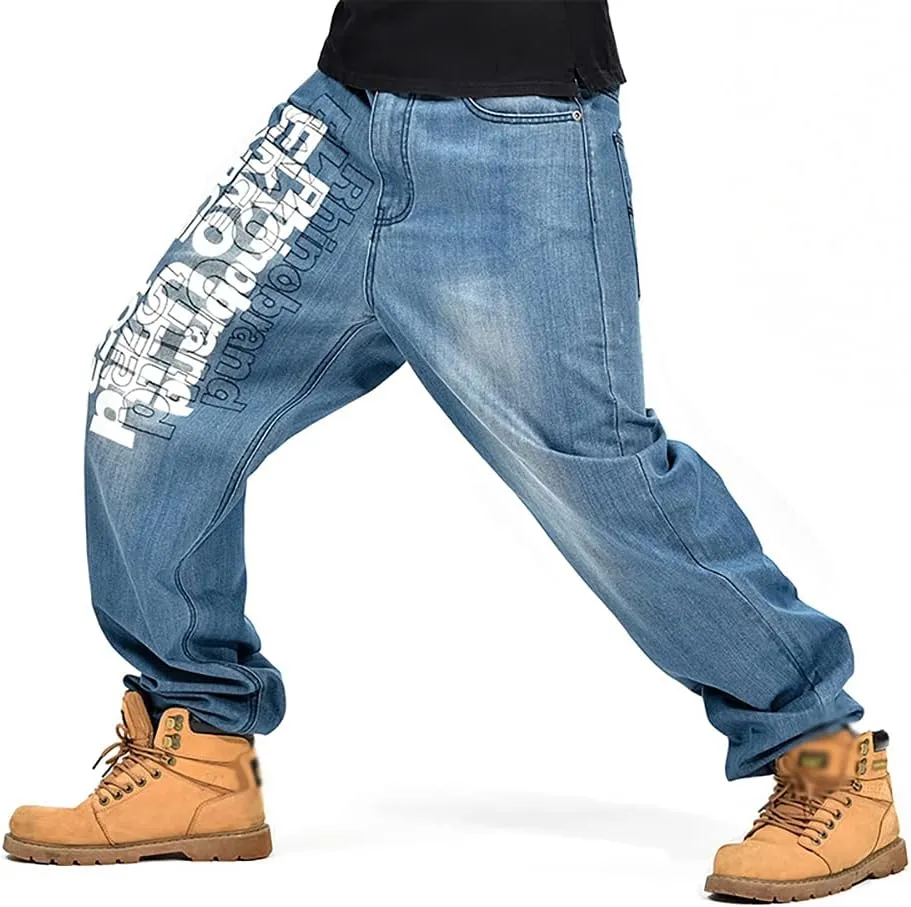 Men's Baggy Jeans Vintage 90's Hip Hop Style Denim Embroidery Loose Fit Dance Skateboard Pants