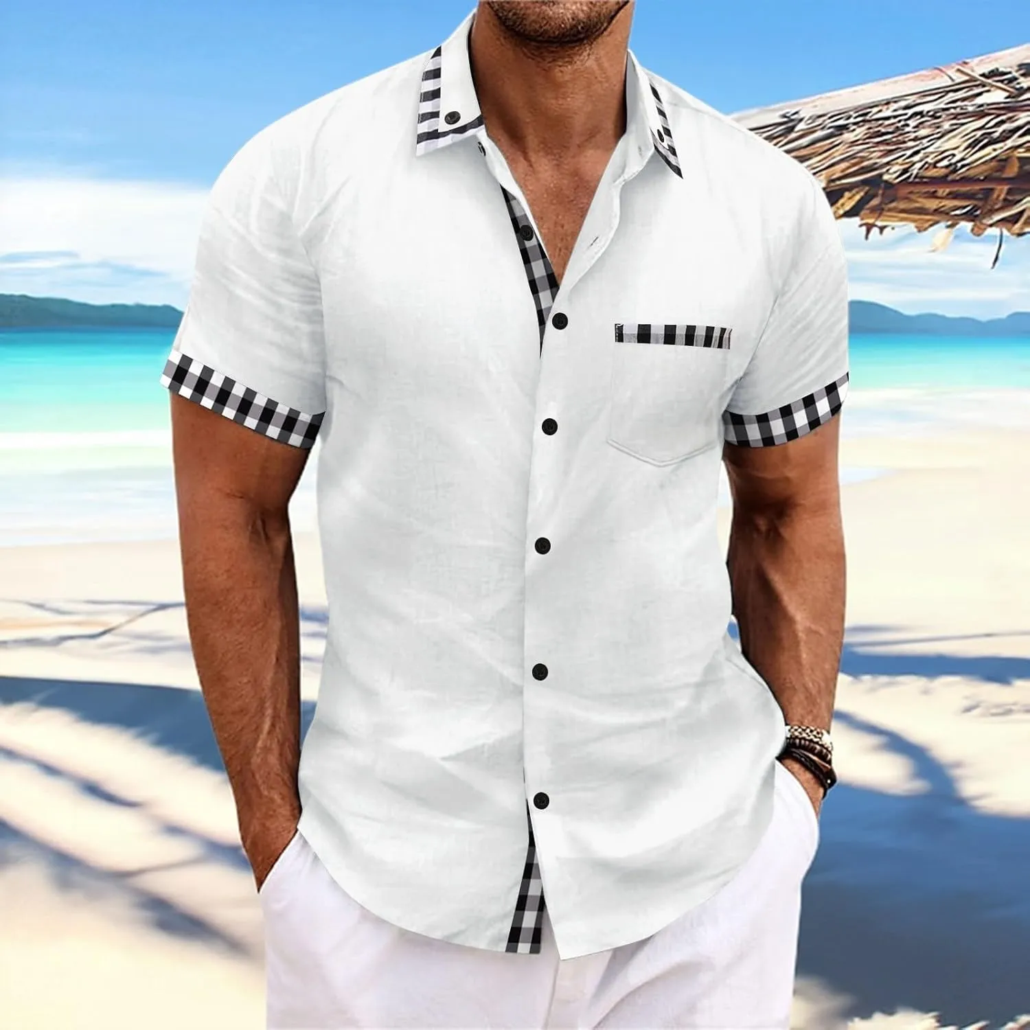 Men's Beach Casual Shirts Fashion Patchwork Button Down Slim Fit Muscle Shirts Lapel Short Sleeved Shirt with Pocket