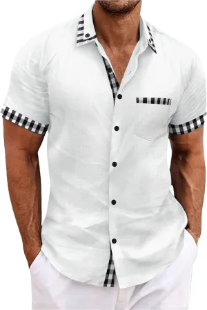 Men's Beach Casual Shirts Fashion Patchwork Button Down Slim Fit Muscle Shirts Lapel Short Sleeved Shirt with Pocket