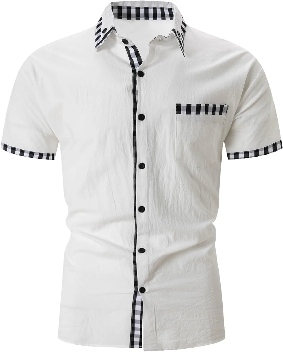 Men's Beach Casual Shirts Fashion Patchwork Button Down Slim Fit Muscle Shirts Lapel Short Sleeved Shirt with Pocket