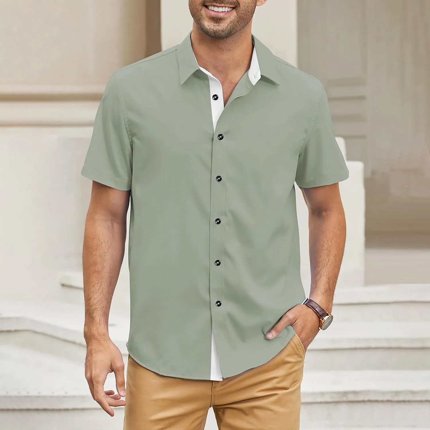 Mens Casual Button Down Shirts Wrinkle-Free Short Sleeve Business Dress Shirt Summer Fashion Collared Vacation Blouse
