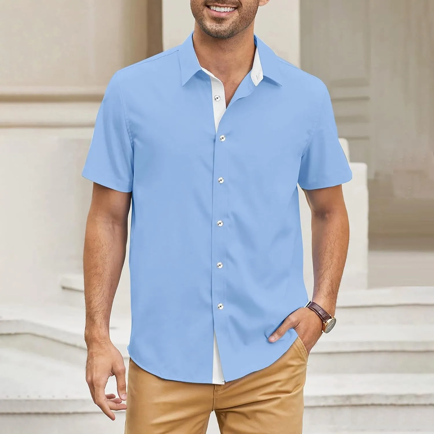 Mens Casual Button Down Shirts Wrinkle-Free Short Sleeve Business Dress Shirt Summer Fashion Collared Vacation Blouse