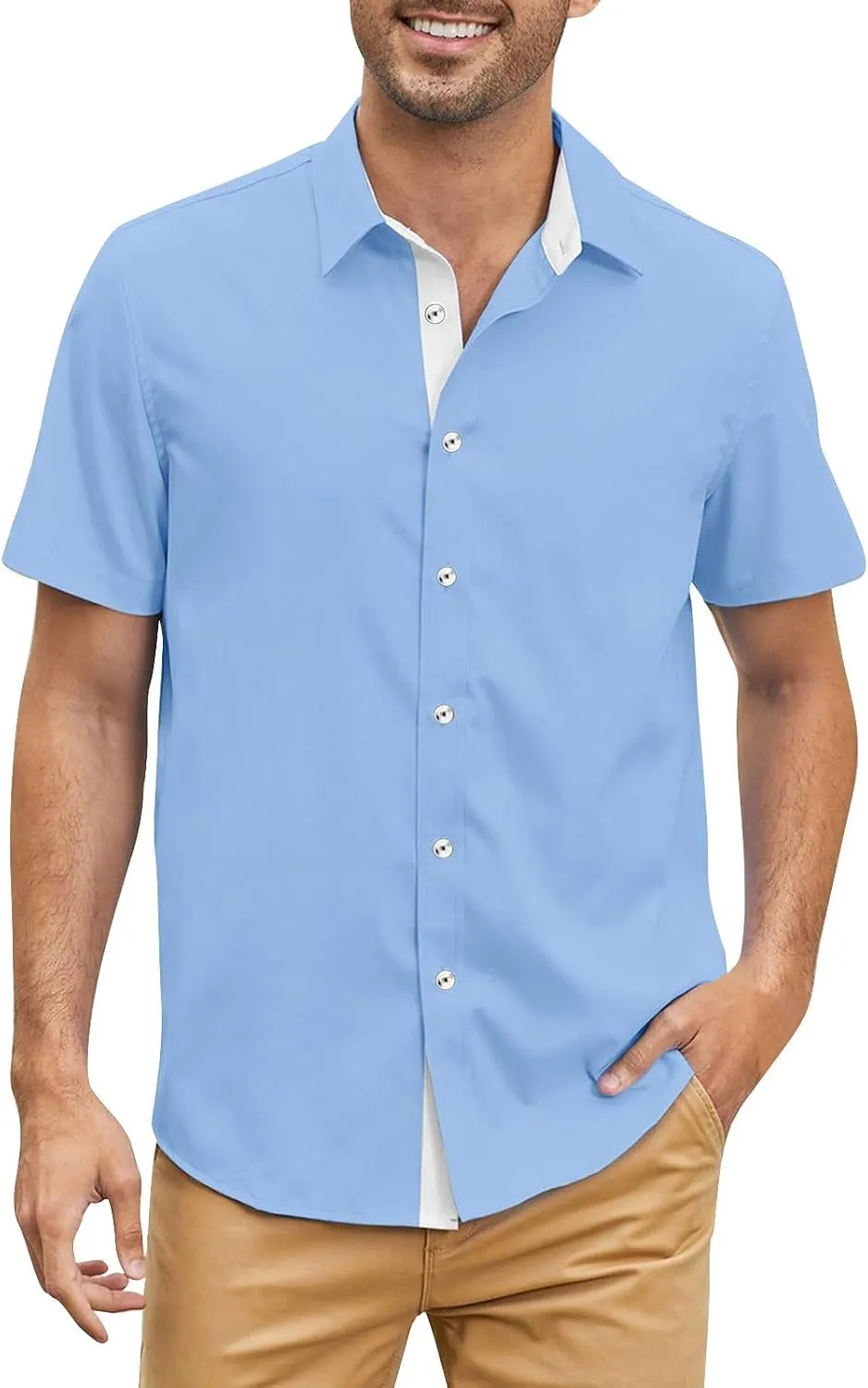 Mens Casual Button Down Shirts Wrinkle-Free Short Sleeve Business Dress Shirt Summer Fashion Collared Vacation Blouse