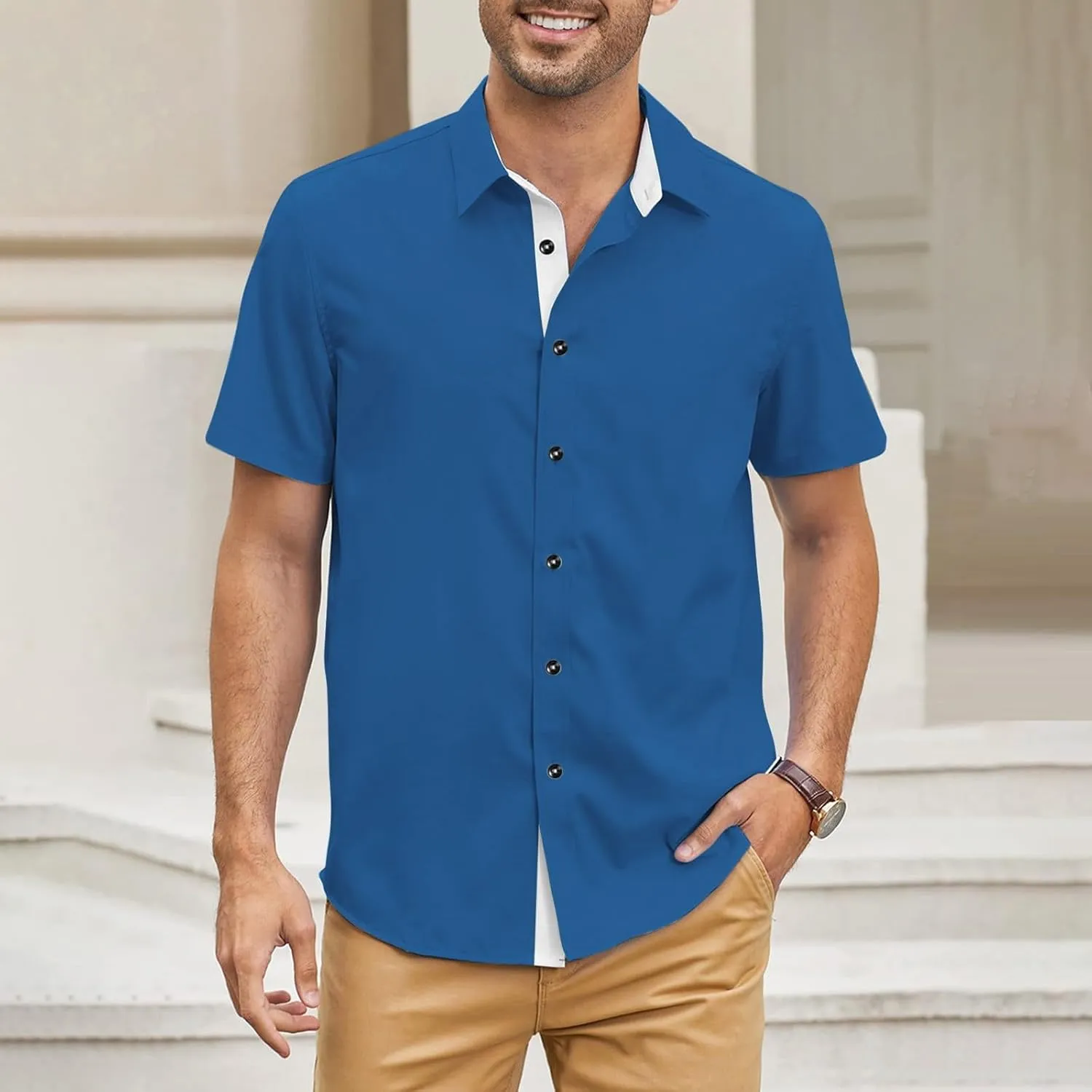 Mens Casual Button Down Shirts Wrinkle-Free Short Sleeve Business Dress Shirt Summer Fashion Collared Vacation Blouse