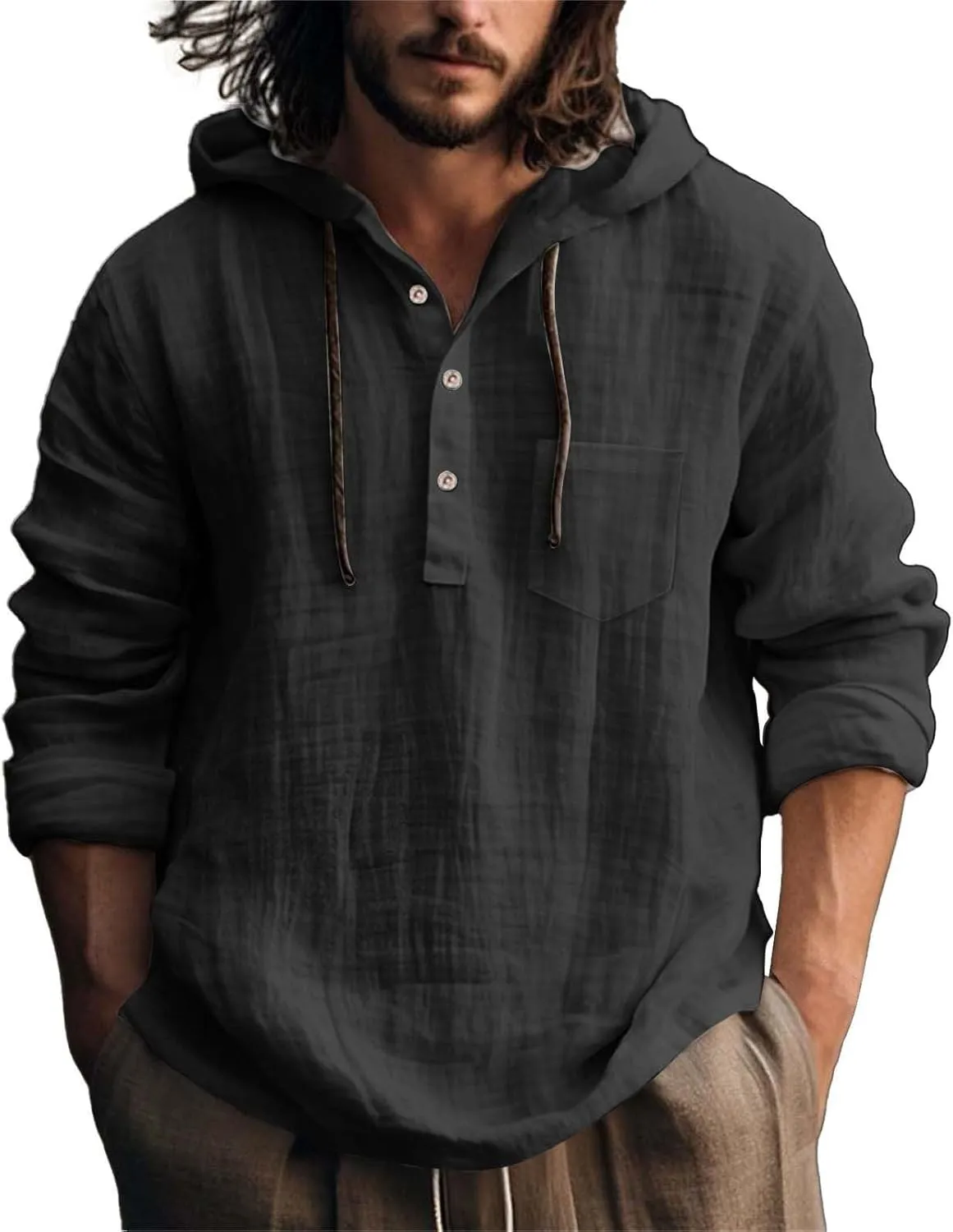 Mens Casual Hooded Linen Shirts Fashion Summer Long Sleeved Button Down Solid Color T Shirt Loose Beach Vacation Tops