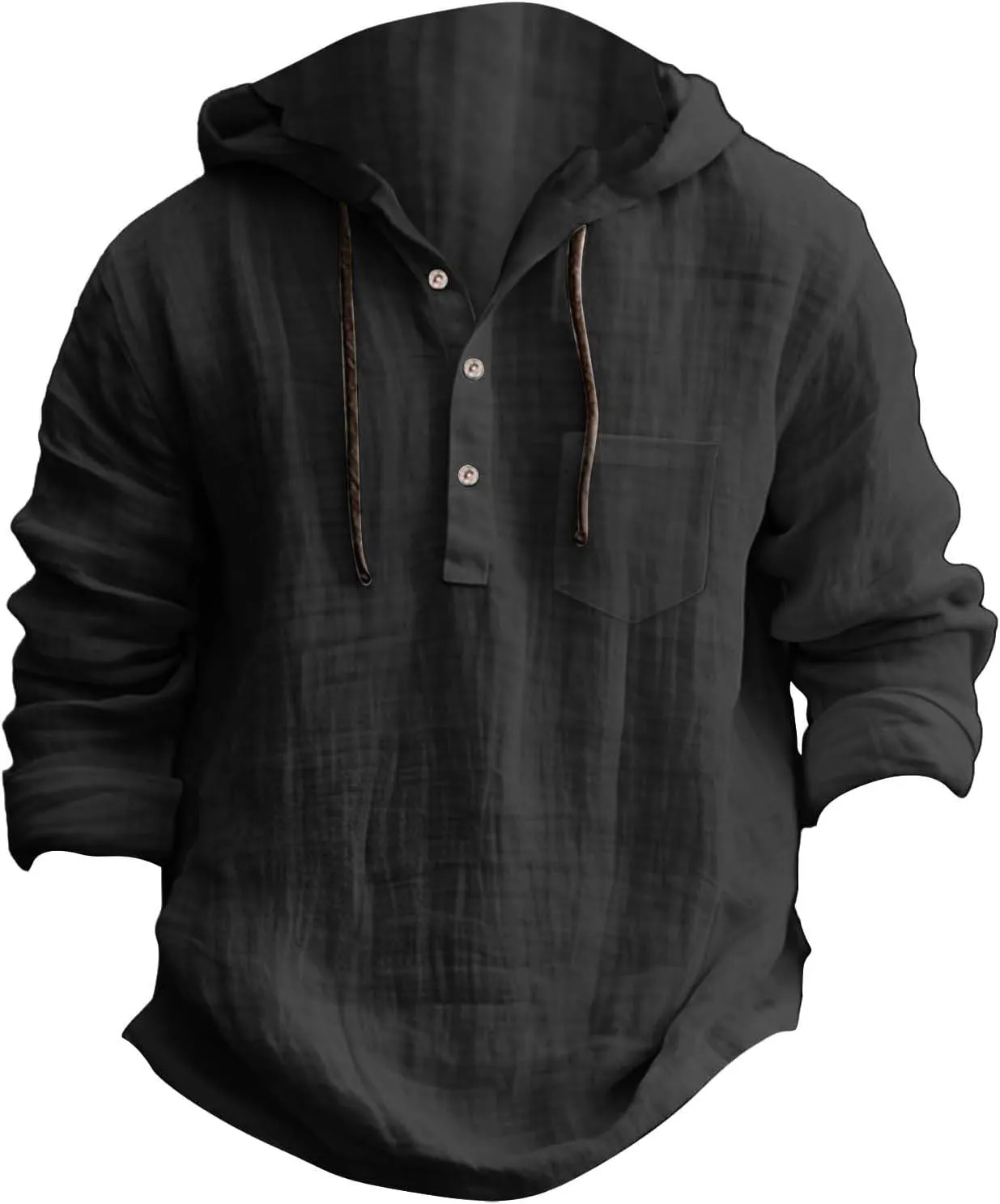 Mens Casual Hooded Linen Shirts Fashion Summer Long Sleeved Button Down Solid Color T Shirt Loose Beach Vacation Tops