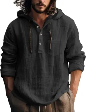 Mens Casual Hooded Linen Shirts Fashion Summer Long Sleeved Button Down Solid Color T Shirt Loose Beach Vacation Tops