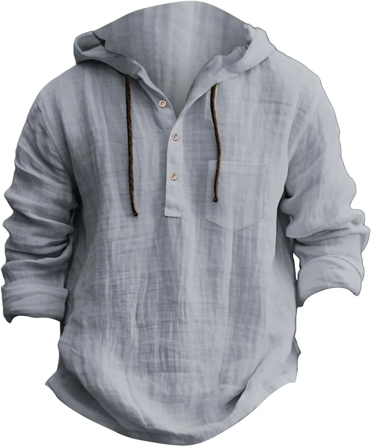 Mens Casual Hooded Linen Shirts Fashion Summer Long Sleeved Button Down Solid Color T Shirt Loose Beach Vacation Tops