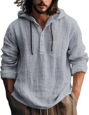 Mens Casual Hooded Linen Shirts Fashion Summer Long Sleeved Button Down Solid Color T Shirt Loose Beach Vacation Tops