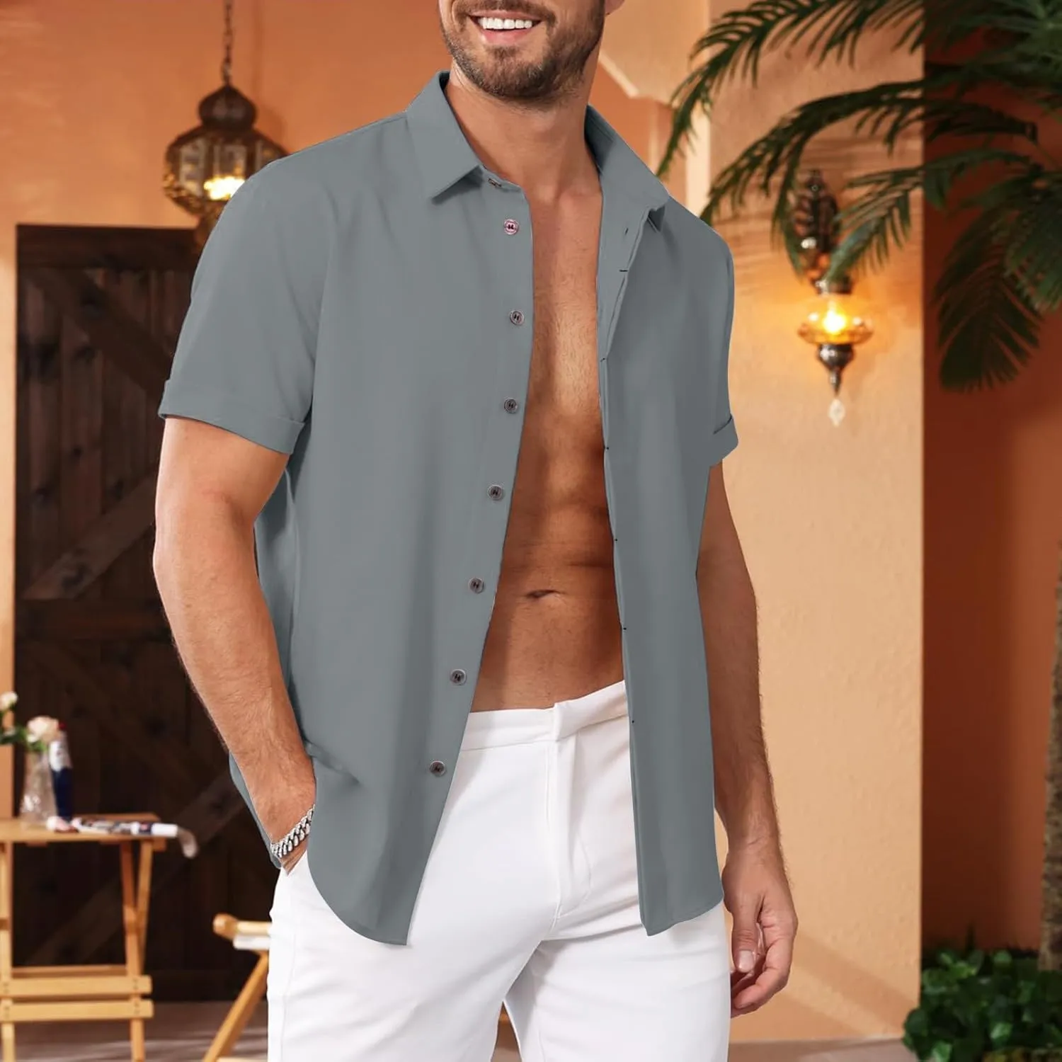 Men's Casual Linen Shirts Lightweight Short Sleeve Button Down Dress Shirt Summer Beach Lapel Collared Business Tops
