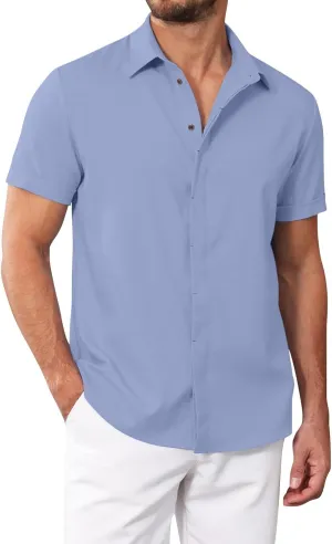 Men's Casual Linen Shirts Lightweight Short Sleeve Button Down Dress Shirt Summer Beach Lapel Collared Business Tops