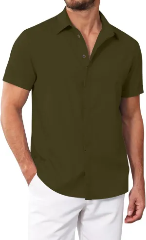 Men's Casual Linen Shirts Lightweight Short Sleeve Button Down Dress Shirt Summer Beach Lapel Collared Business Tops