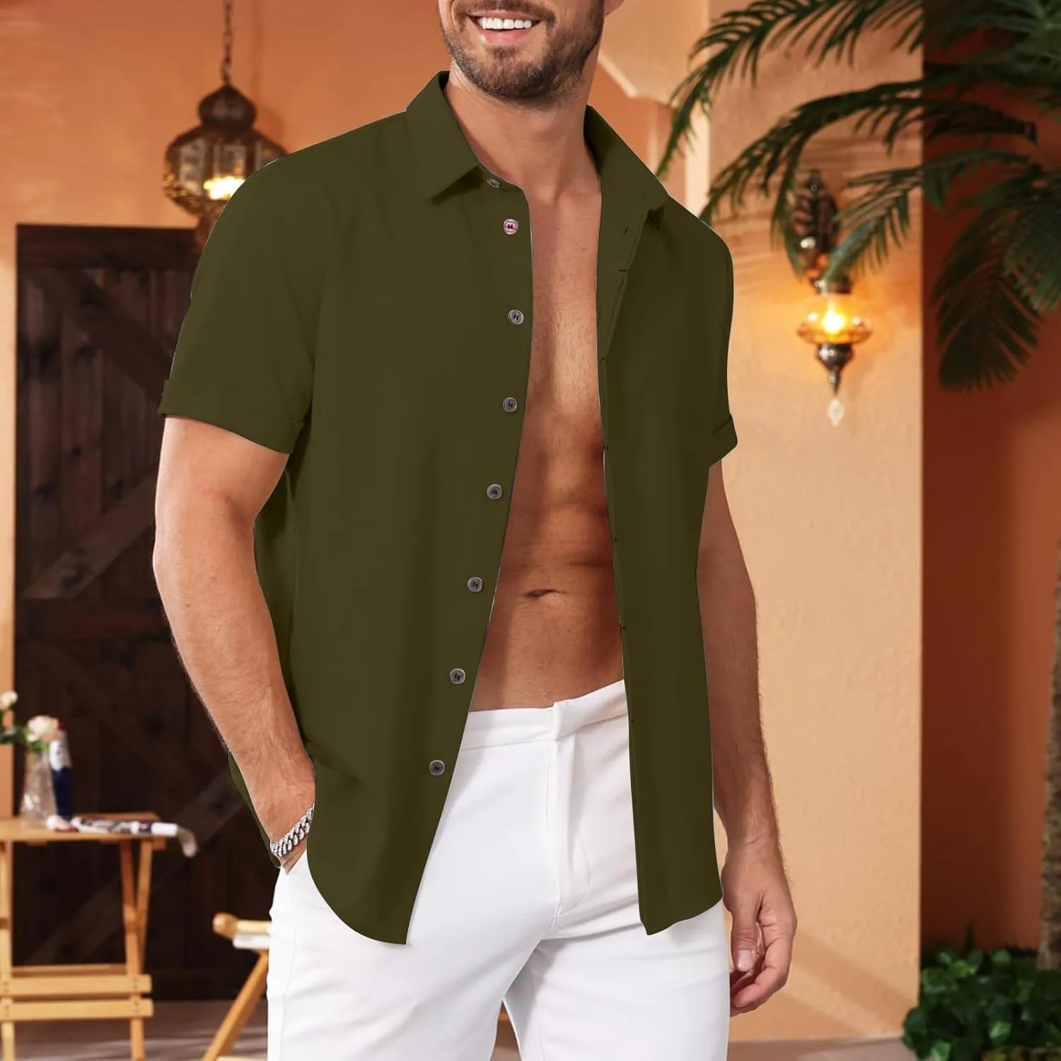 Men's Casual Linen Shirts Lightweight Short Sleeve Button Down Dress Shirt Summer Beach Lapel Collared Business Tops
