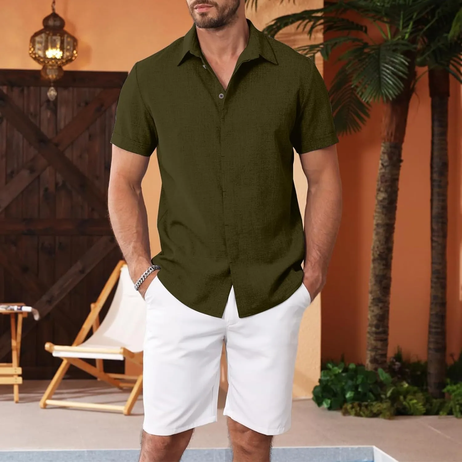 Men's Casual Linen Shirts Lightweight Short Sleeve Button Down Dress Shirt Summer Beach Lapel Collared Business Tops