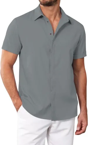 Men's Casual Linen Shirts Lightweight Short Sleeve Button Down Dress Shirt Summer Beach Lapel Collared Business Tops