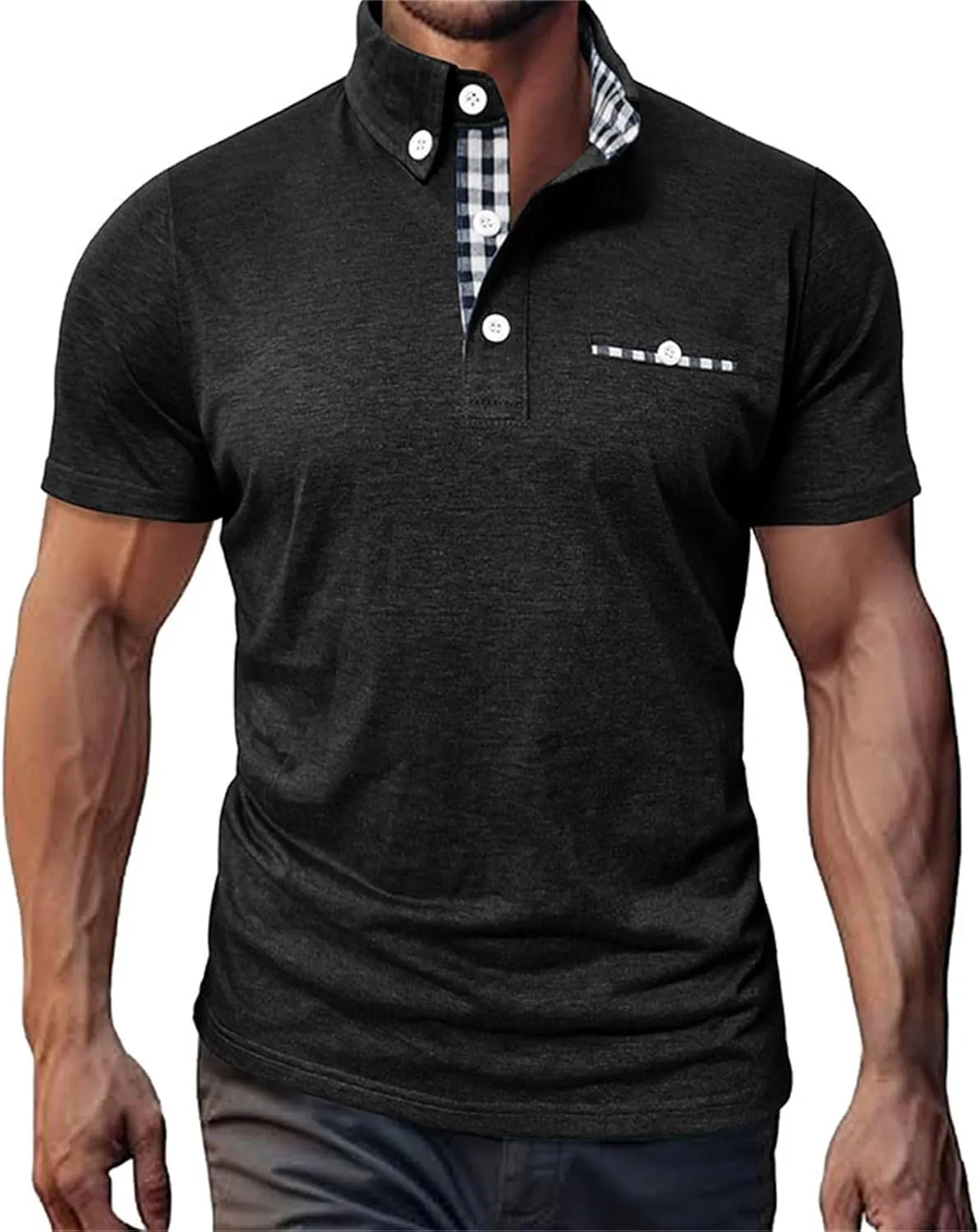 Mens Casual Slim Fit Polo Shirts Short Sleeve Classic Lapel Collar Quarter Button Tops Cotton Breathable Muscle Shirt