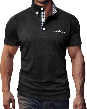 Mens Casual Slim Fit Polo Shirts Short Sleeve Classic Lapel Collar Quarter Button Tops Cotton Breathable Muscle Shirt