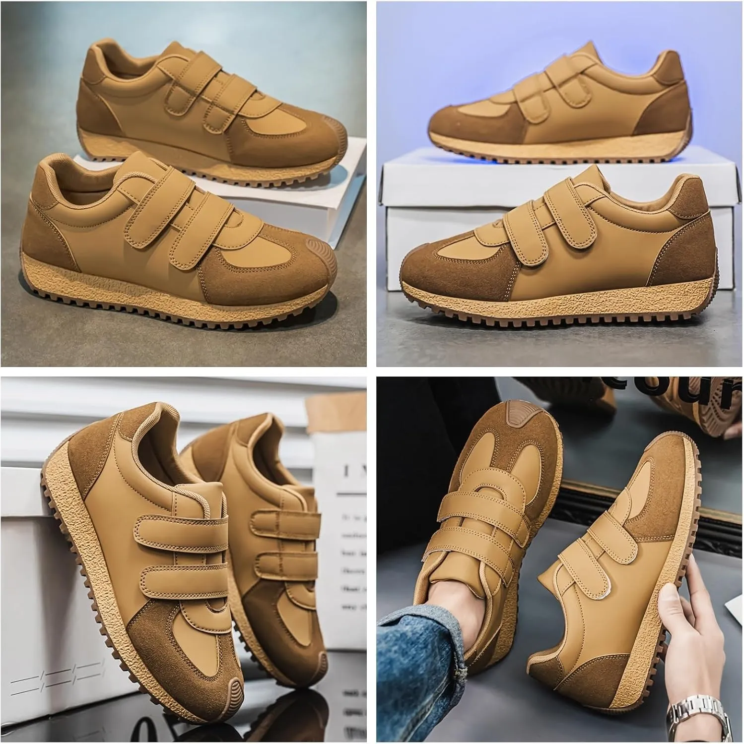 Men's Casual Sneakers with Adjustable Buckle Closure | Leather Upper & Anti-Slip Sole | Cushioned Comfort Design for Urban Commuting Light Outdoor and Daily Walking Low-Top Chunky