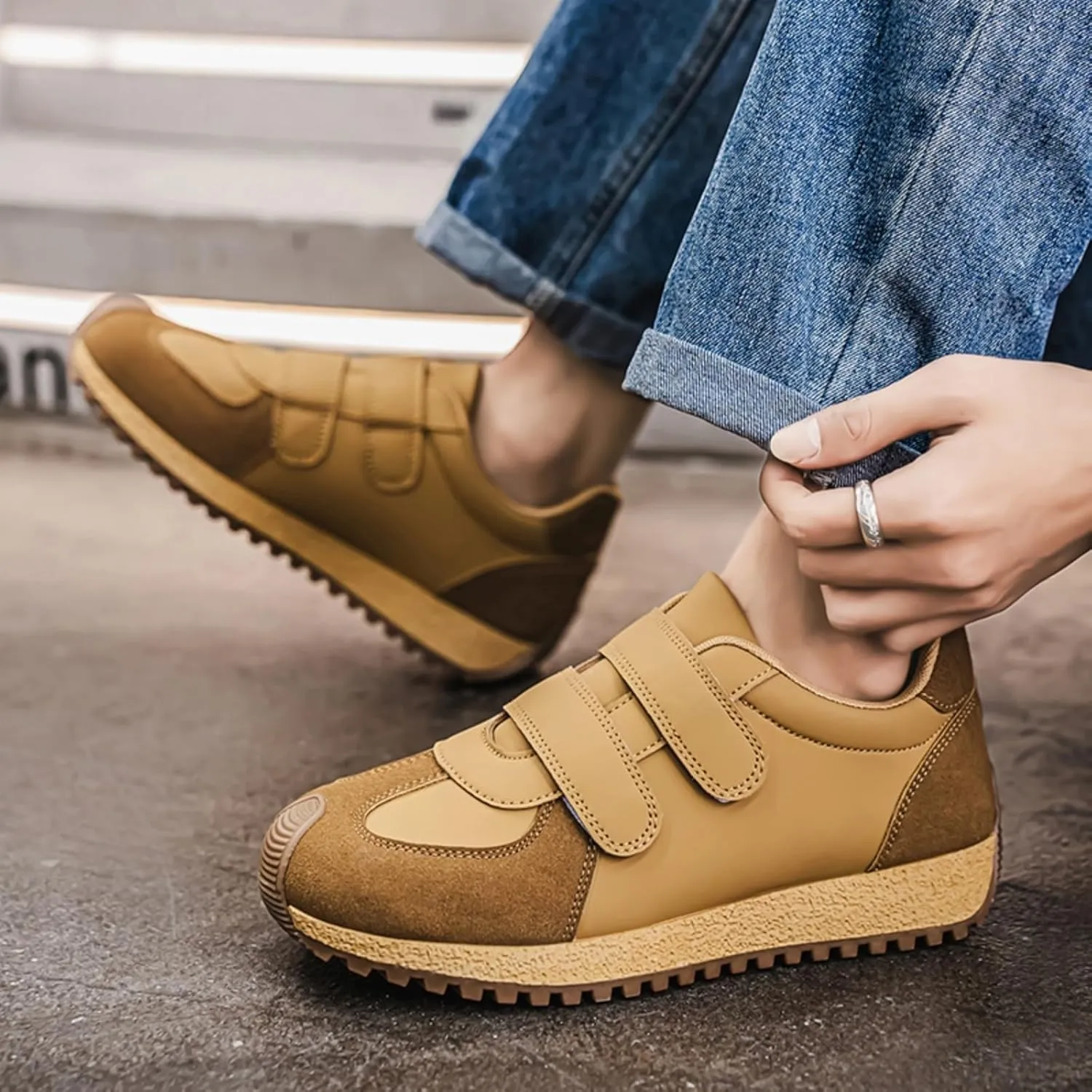 Men's Casual Sneakers with Adjustable Buckle Closure | Leather Upper & Anti-Slip Sole | Cushioned Comfort Design for Urban Commuting Light Outdoor and Daily Walking Low-Top Chunky