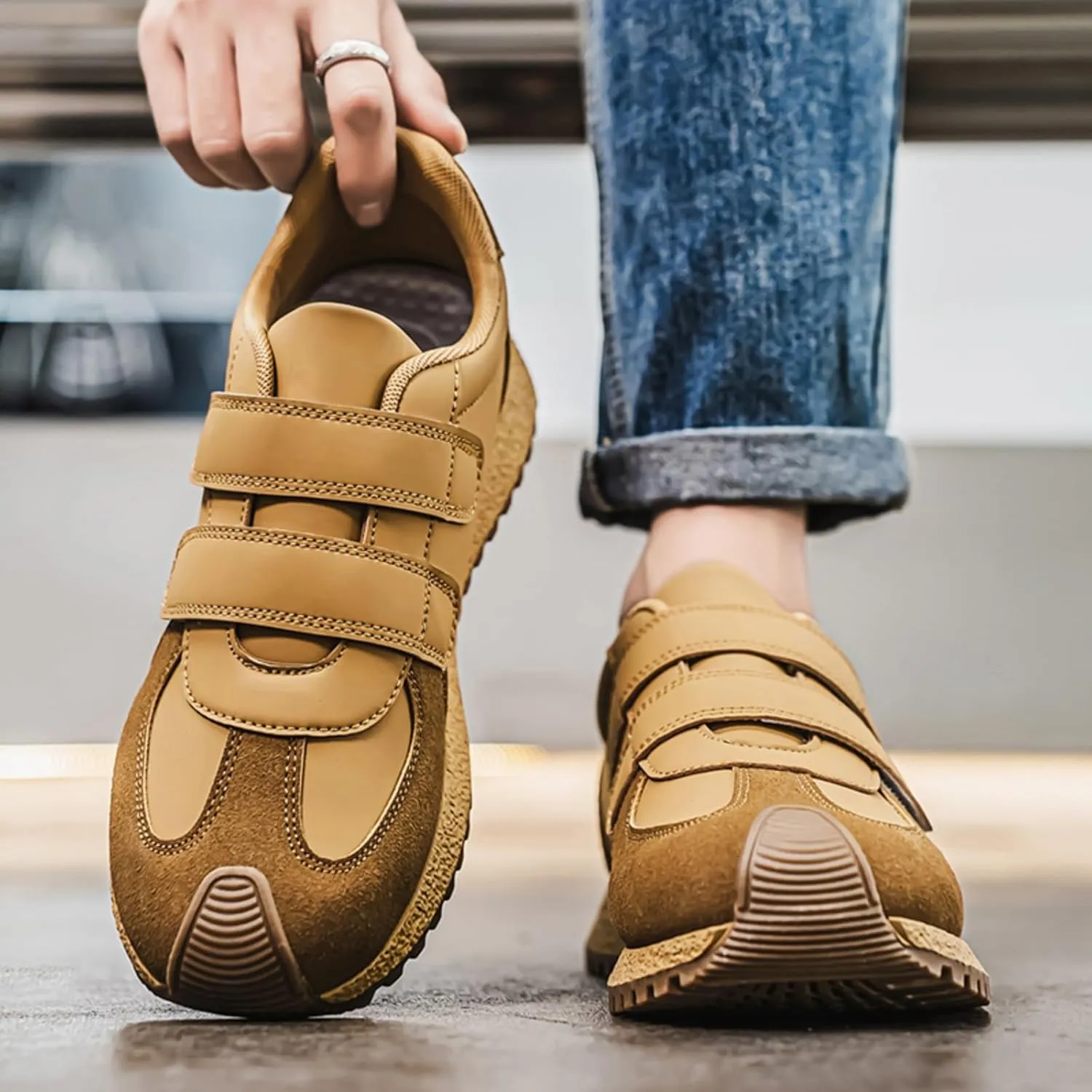Men's Casual Sneakers with Adjustable Buckle Closure | Leather Upper & Anti-Slip Sole | Cushioned Comfort Design for Urban Commuting Light Outdoor and Daily Walking Low-Top Chunky
