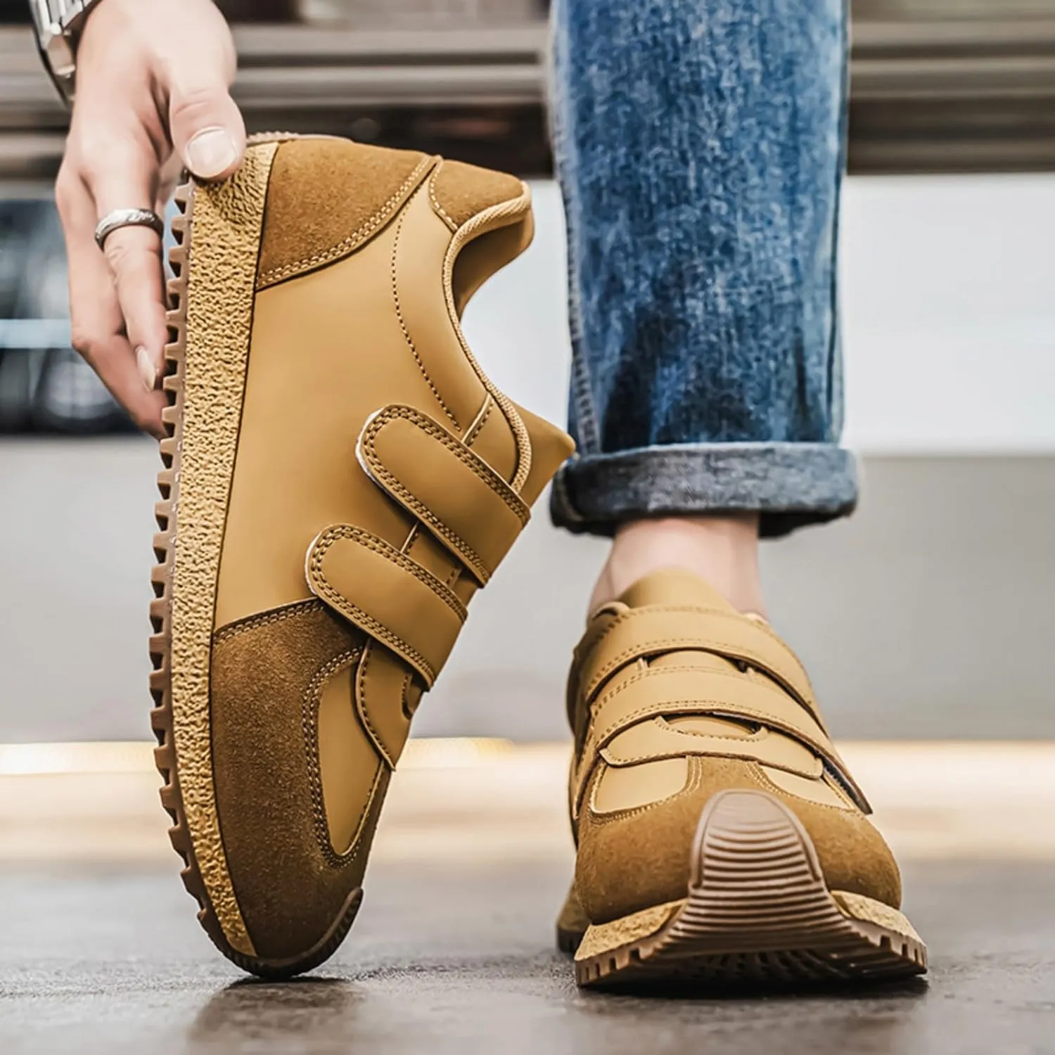 Men's Casual Sneakers with Adjustable Buckle Closure | Leather Upper & Anti-Slip Sole | Cushioned Comfort Design for Urban Commuting Light Outdoor and Daily Walking Low-Top Chunky
