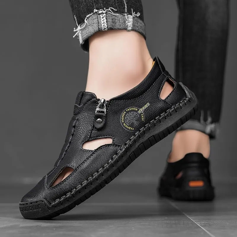 Men's Closed Toe Sandals For Men Leather Dress Mens Hiking Man White Blue Brown Black Size Summer Flip Flops Slippers Shoes Male Shoe Casual