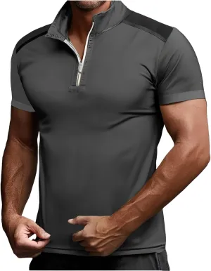 Mens Color Block Polo Shirts Zipper Neck Short Sleeve Casual Slim Fit Tennis Golf Tops Summer Muscle Athletic T Shirt