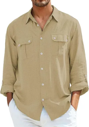 Men's Cotton Linen Shirts Retro Multi-Pockets Lapel Long Sleeve Workwear Breathable Quick Dry Summer Tropical Tops