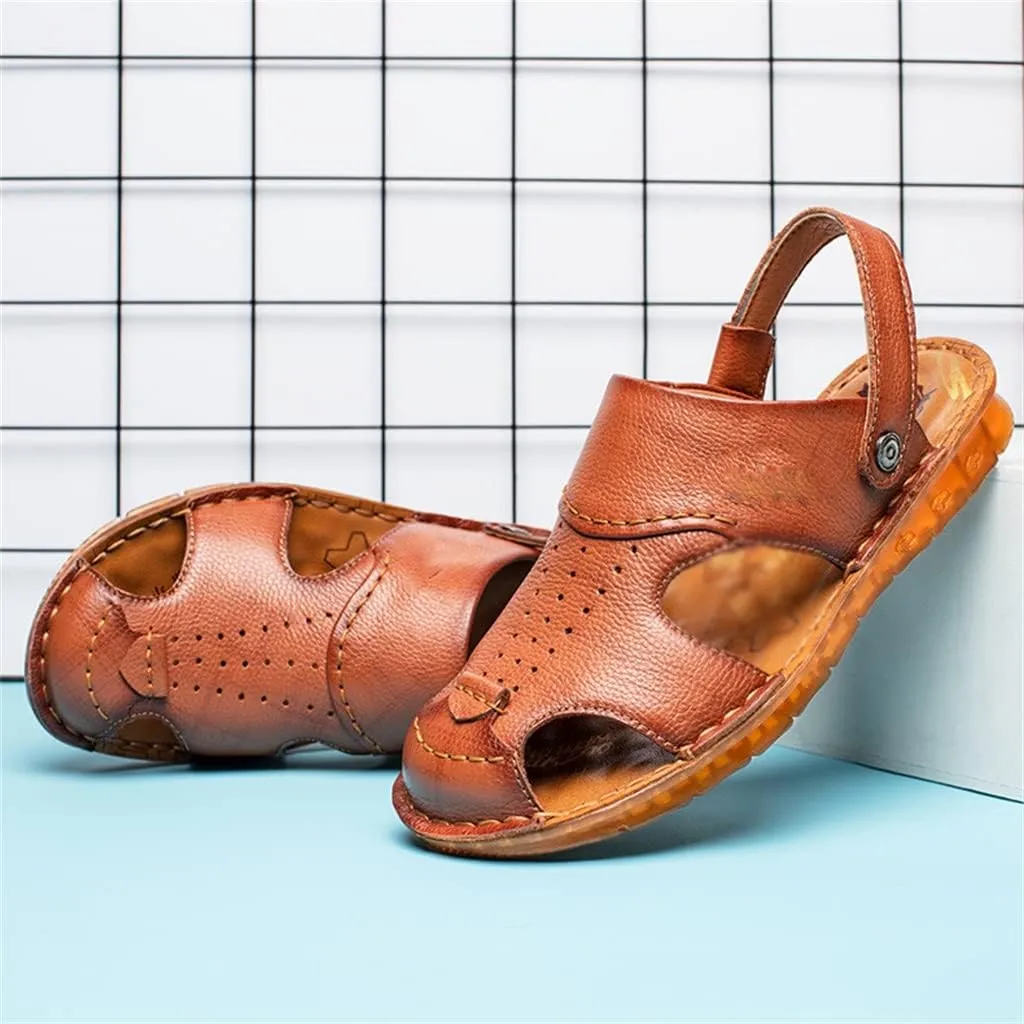 Men's Cowhide Beach Men's Shoes Casual Leather Cow Tendon Soft Sole Beach Men's Sandals Sandalias(40)