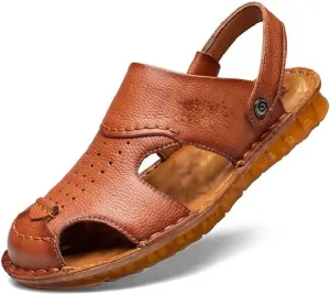 Men's Cowhide Beach Men's Shoes Casual Leather Cow Tendon Soft Sole Beach Men's Sandals Sandalias(40)