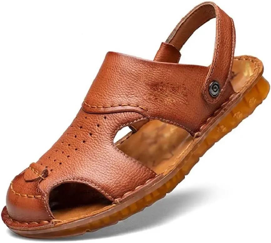 Men's Cowhide Beach Men's Shoes Casual Leather Cow Tendon Soft Sole Beach Men's Sandals Sandalias(40)