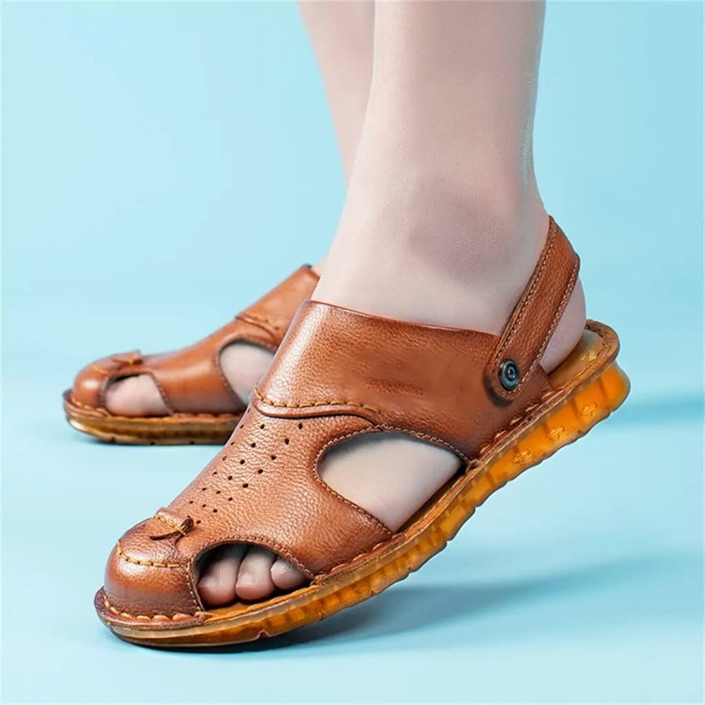 Men's Cowhide Beach Men's Shoes Casual Leather Cow Tendon Soft Sole Beach Men's Sandals Sandalias(40)
