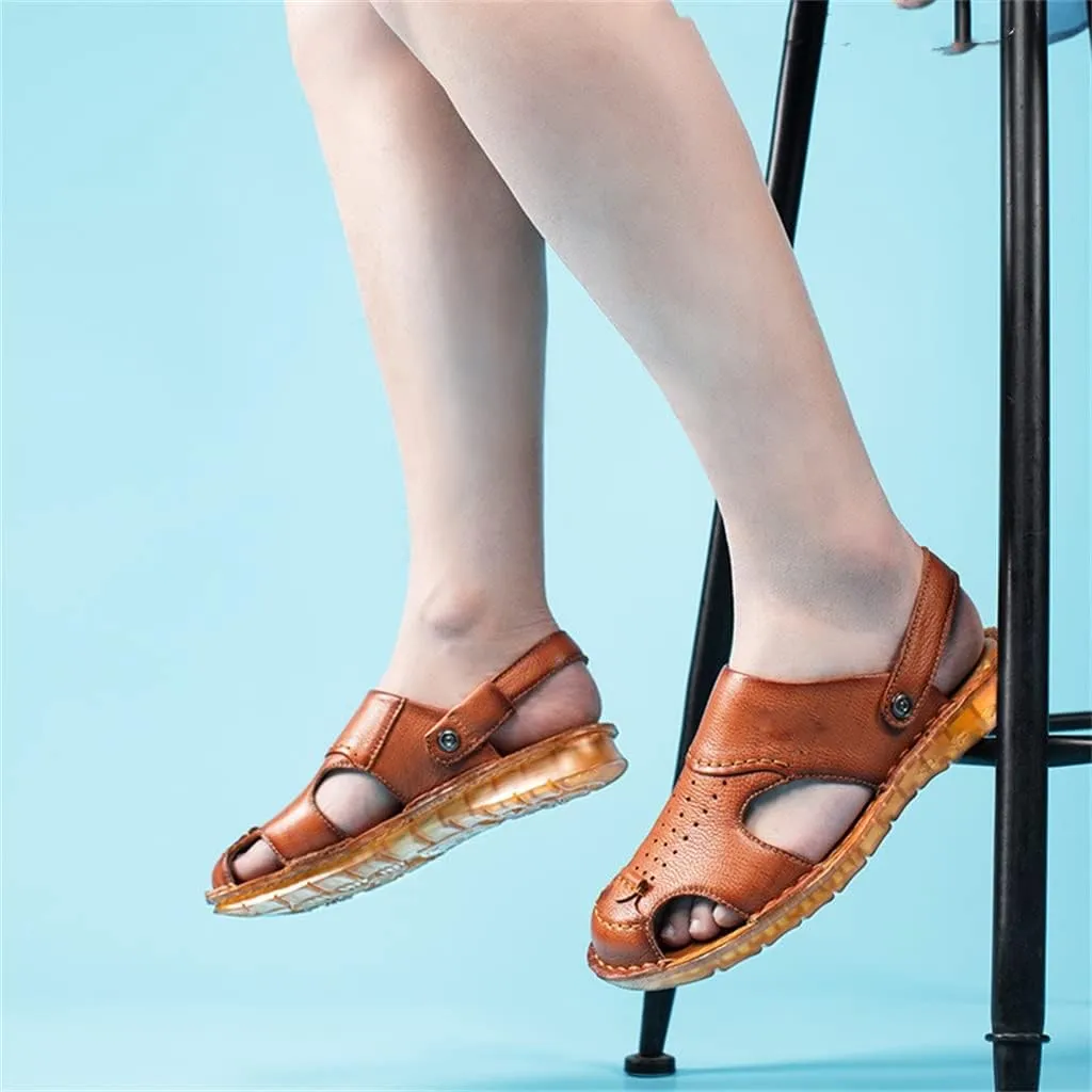 Men's Cowhide Beach Men's Shoes Casual Leather Cow Tendon Soft Sole Beach Men's Sandals Sandalias(40)