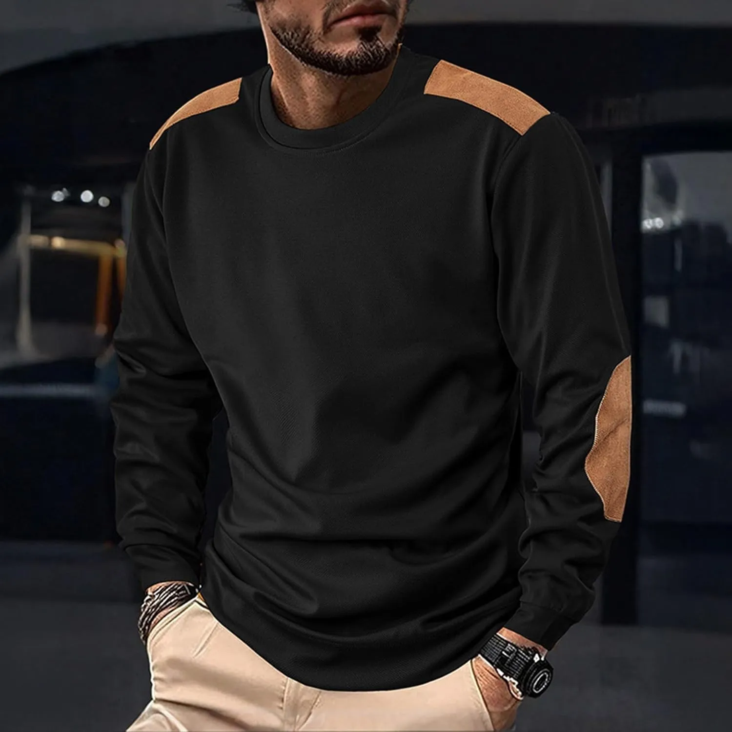 Men's Creeneck Long Sleeve Shirt Casual Loose Color Block Regular Fit Base T Shirts Fashion Athletic Pullover Sweater