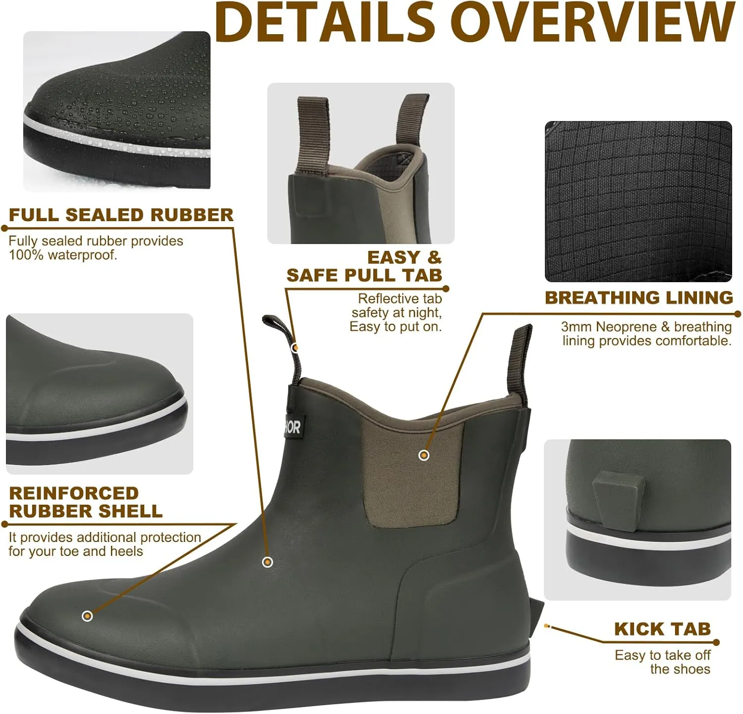Men’s Fishing Boots, Waterproof Deck Boots Anti-Slip Rubber 3mm Breathable Neoprene Rain boots. Ideal for Fishing and Outdoor Activities