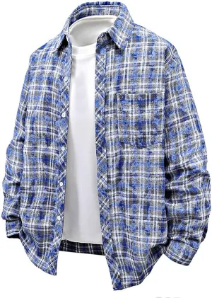 Men's Graceful Printed Plaid Lapel Shirts Casual Long Sleeve Button Tops with Pockets Walking Picnic Vacation