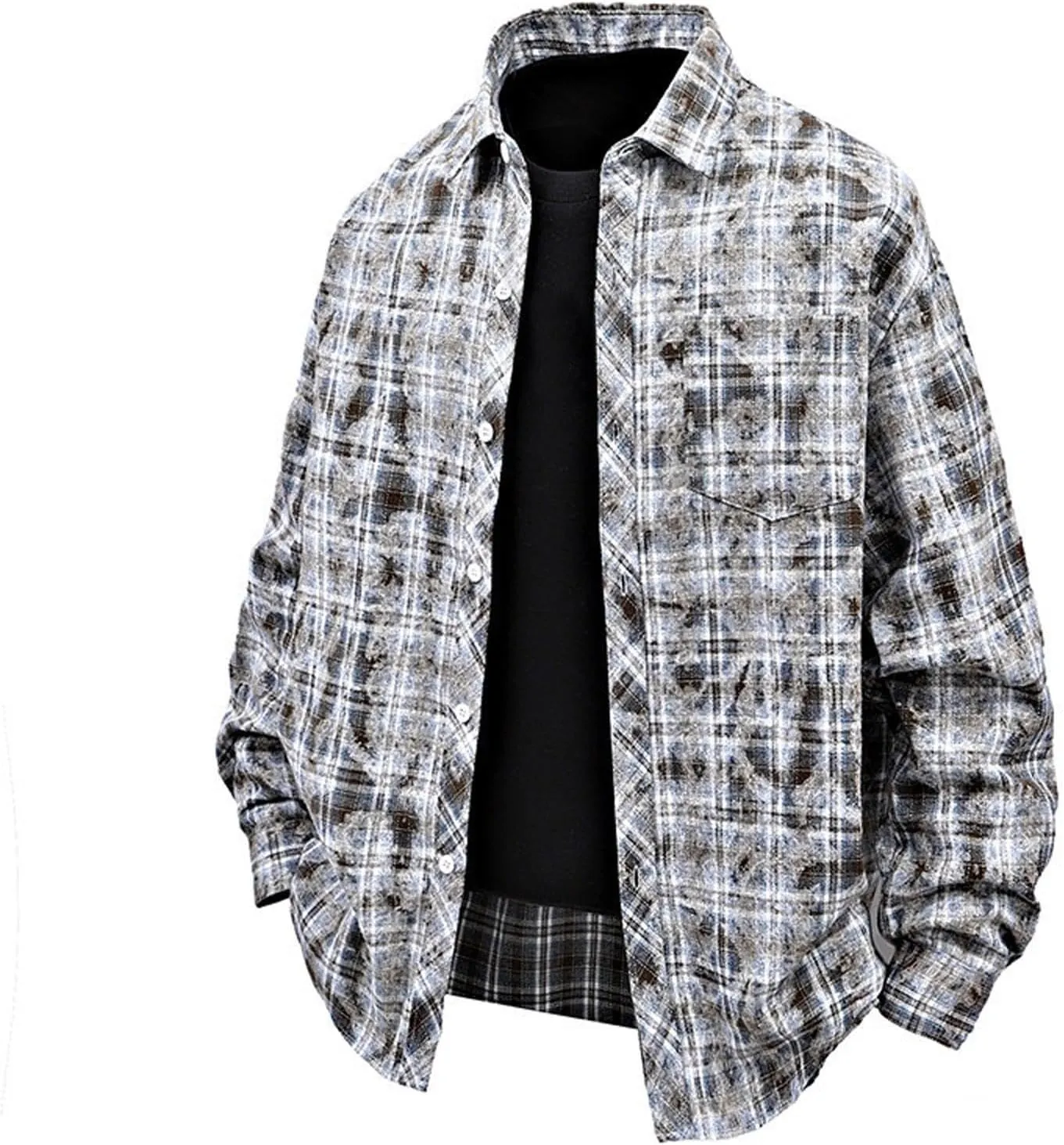 Men's Graceful Printed Plaid Lapel Shirts Casual Long Sleeve Button Tops with Pockets Walking Picnic Vacation