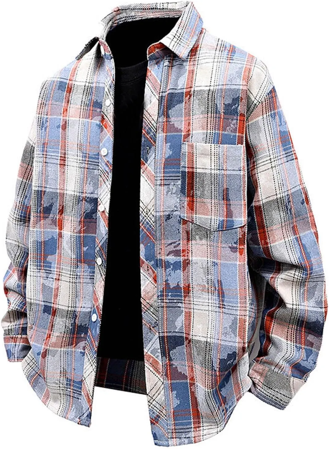 Men's Graceful Printed Plaid Lapel Shirts Casual Long Sleeve Button Tops with Pockets Walking Picnic Vacation