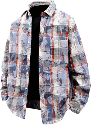 Men's Graceful Printed Plaid Lapel Shirts Casual Long Sleeve Button Tops with Pockets Walking Picnic Vacation