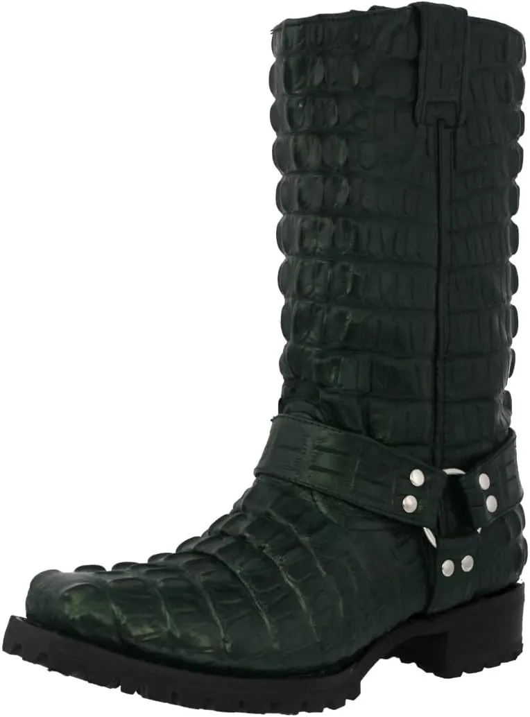 Mens Green Leather Motorcycle Boots Crocodile Tail Print Square Toe