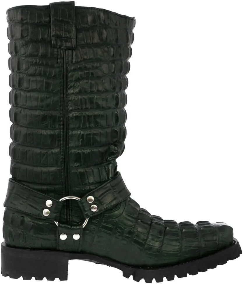 Mens Green Leather Motorcycle Boots Crocodile Tail Print Square Toe