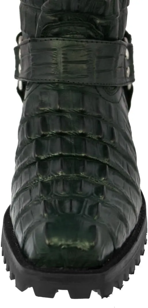 Mens Green Leather Motorcycle Boots Crocodile Tail Print Square Toe