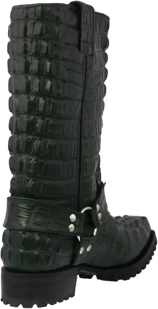 Mens Green Leather Motorcycle Boots Crocodile Tail Print Square Toe