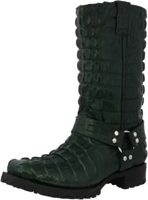 Mens Green Leather Motorcycle Boots Crocodile Tail Print Square Toe