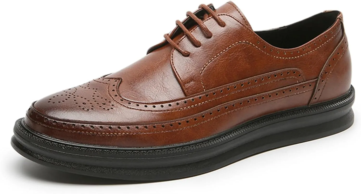Men's Leather Brogue Wingtip Oxford Sneakers Classic Lace-Up Perforated Low Top Derby Shoes Casual Office Work Formal Dress Shoes