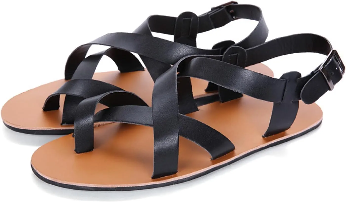 Men's Leather toe ring Flat Gladiator Sandals Fashion Cross Straps Round Open Toe Slip-On Clip Toe Beach Sandals with Adjustable Metal Buckle Summer Casual soft Walking Sandals