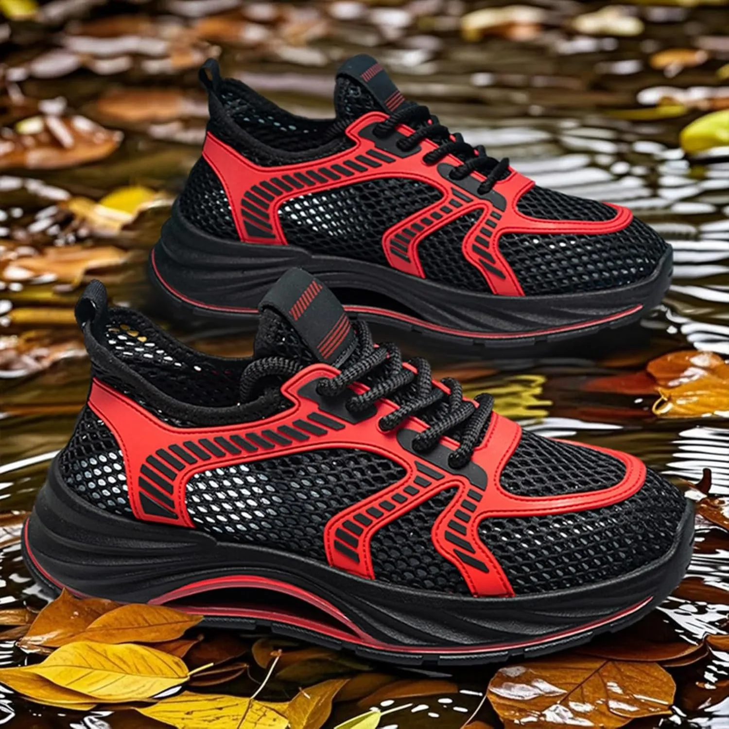 Men's Lightweight Breathable Mesh Athletic Shoes - Water Hiking Sneakers with Anti-Slip Sole & Shock-Absorbing Design for Outdoor Training Stream-Crossing and Casual Wear